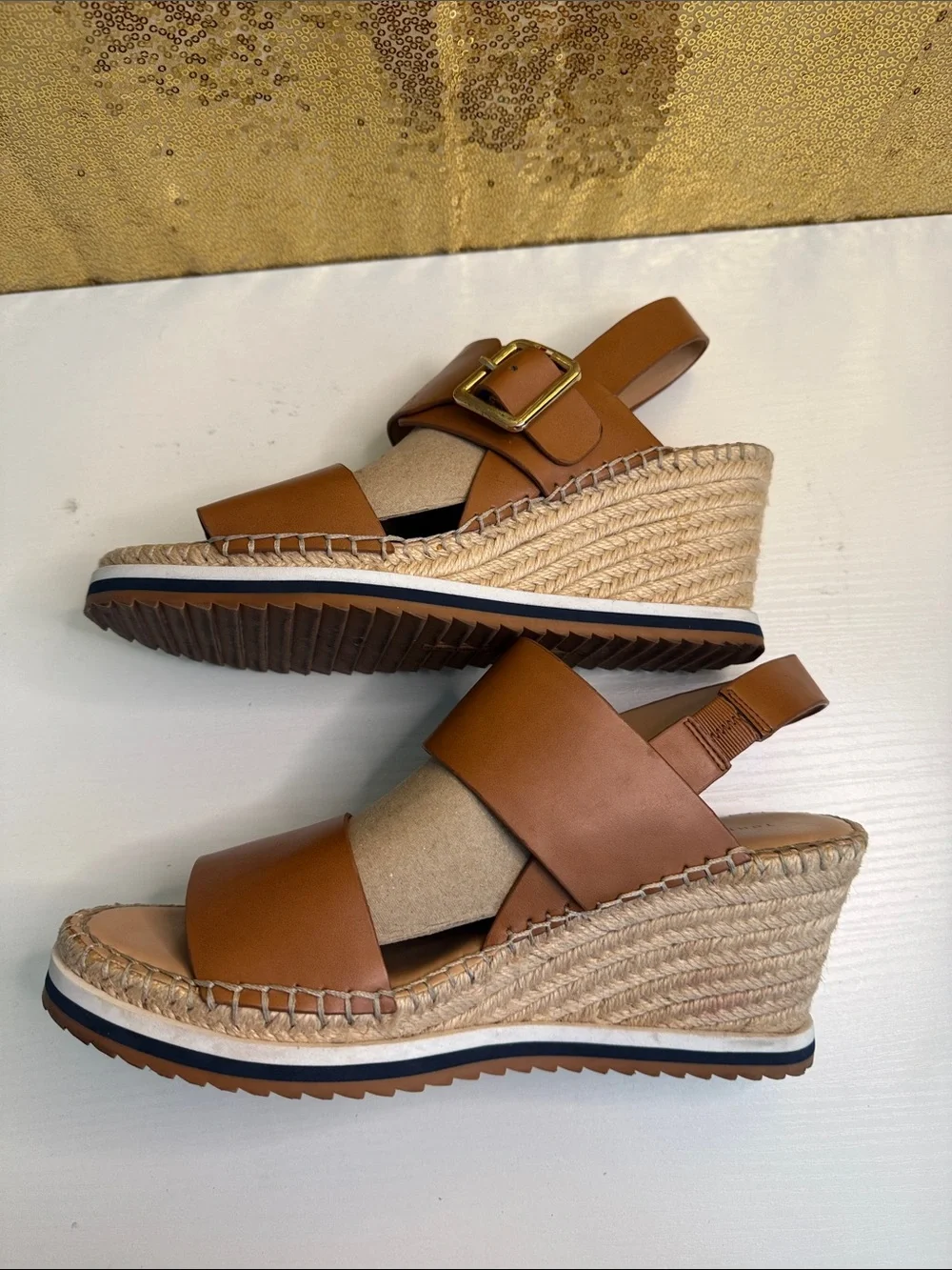 Tommy Hilfiger Cognac Leather Espadrille Wedge Sandals